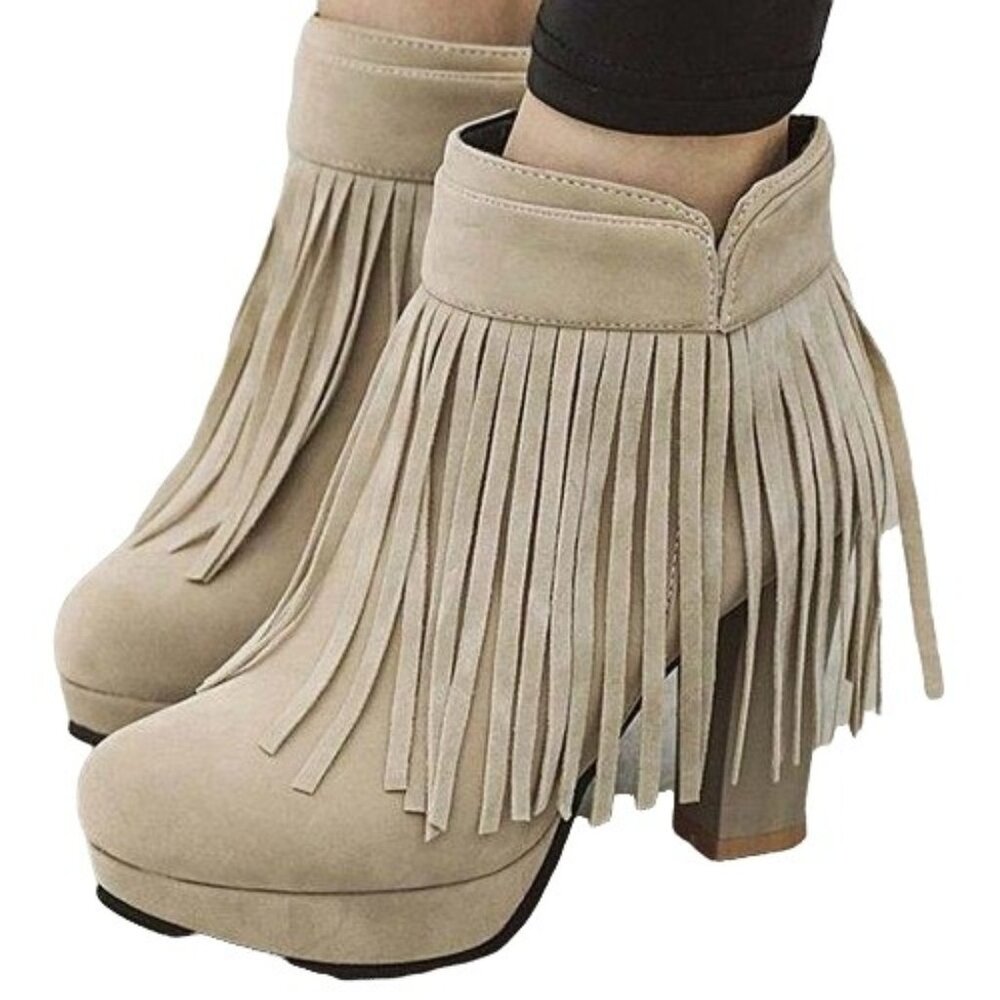 BUTITI - Beige Ankle Boot with Fringe Trim